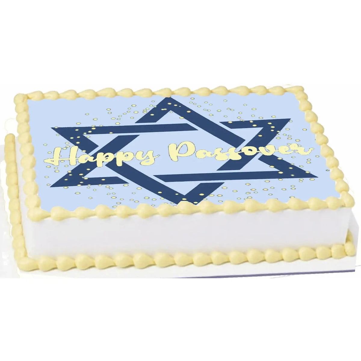 Passover Star of David Edible Icing Sheet Cake Topper shown on a frosted sheet cake.