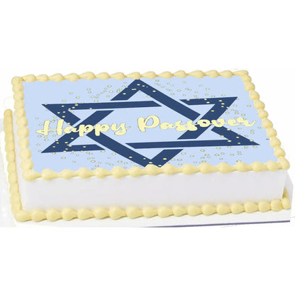 Passover Star of David Edible Icing Sheet Cake Topper shown on a frosted sheet cake.