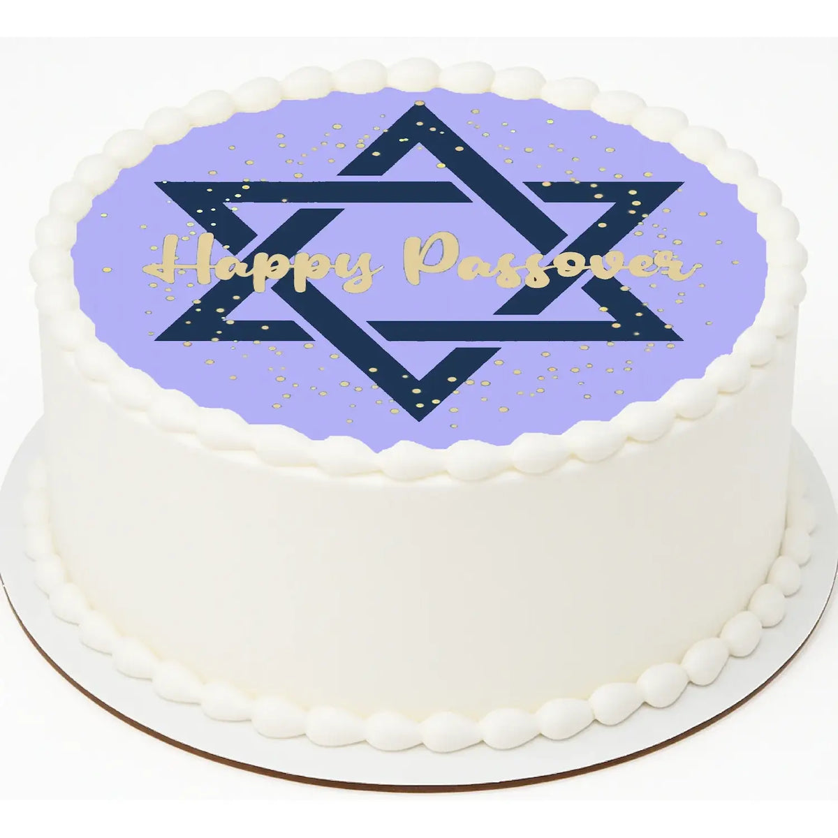 Passover Star of David Edible Icing Cake Topper – 8-Inch Round shown on a round frosted cake.
