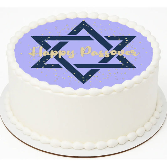 Passover Star of David Edible Icing Cake Topper – 8-Inch Round shown on a round frosted cake.