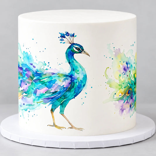 Watercolor Peacock featured seamless edible icing cake wrap | RA Pape