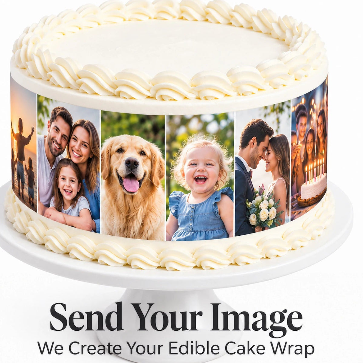 Custom printed photo edible cake wrap applied to a frosted birthday cake