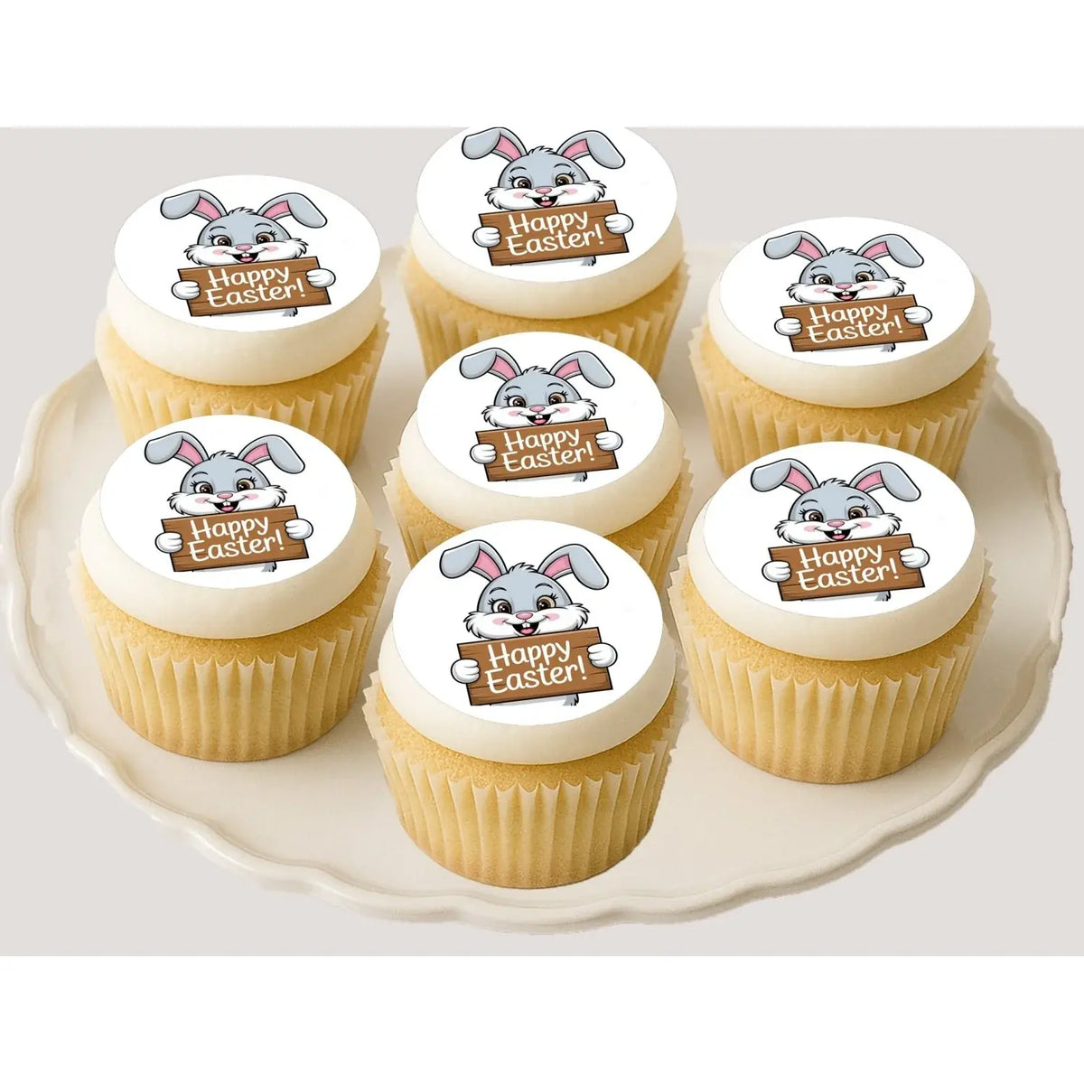 Easter Bunny Happy Easter Sign Edible Cookie & Cupcake Toppers – 20 Precut on decorated cupcakes.