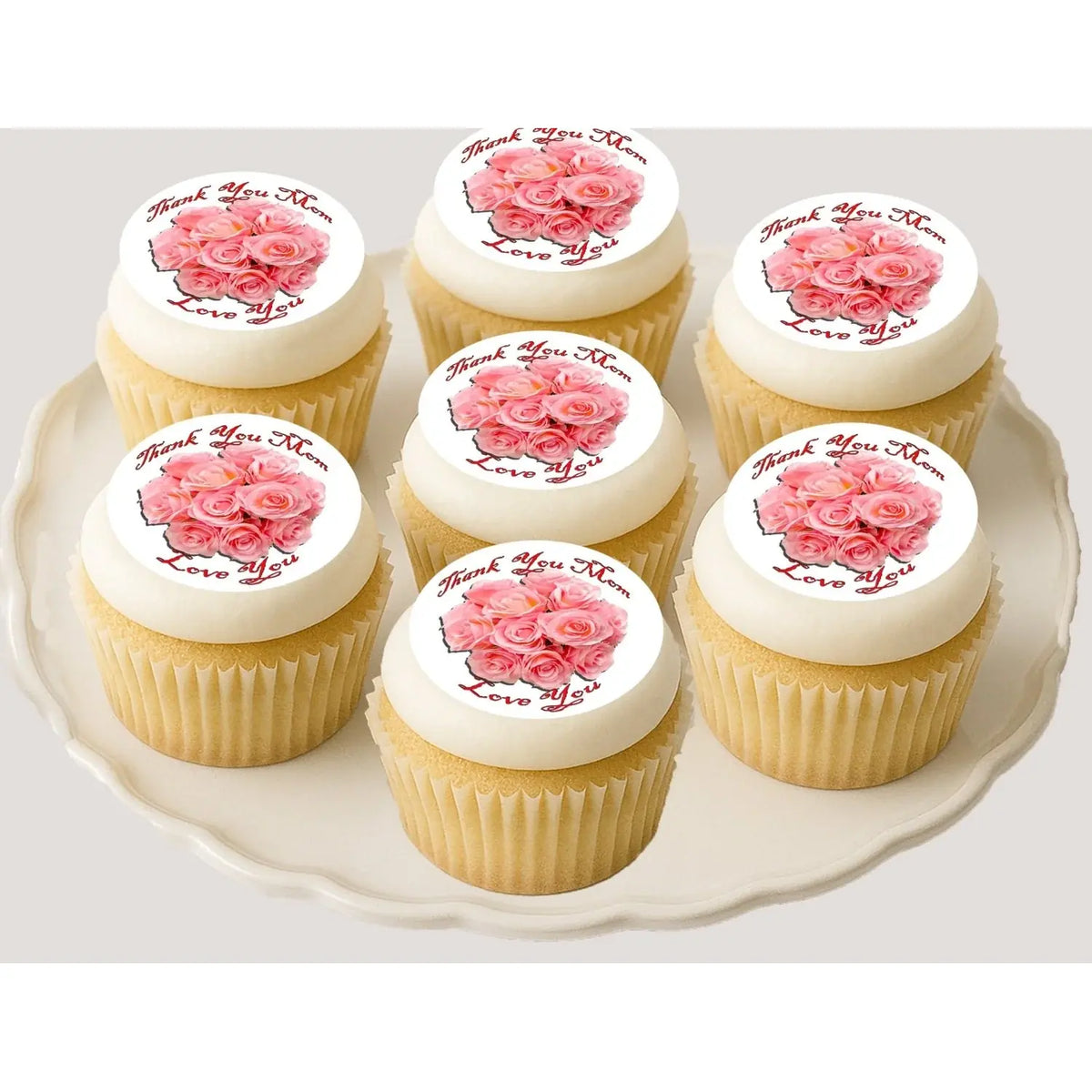 Mother's Day Peach Rose Bouquet Edible Cookie & Cupcake Toppers – 20 Precut on cupcakes.