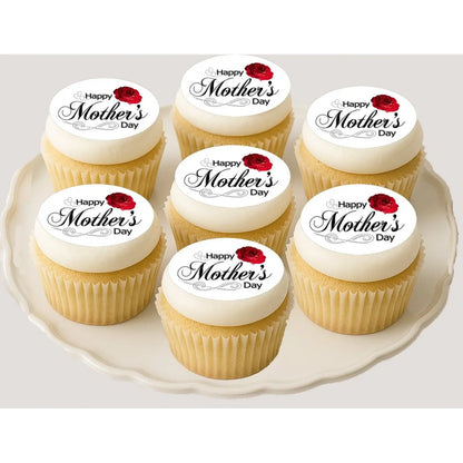Mother's Day Red Rose Edible Cookie & Cupcake Toppers – 20 Precut on cupcakes.