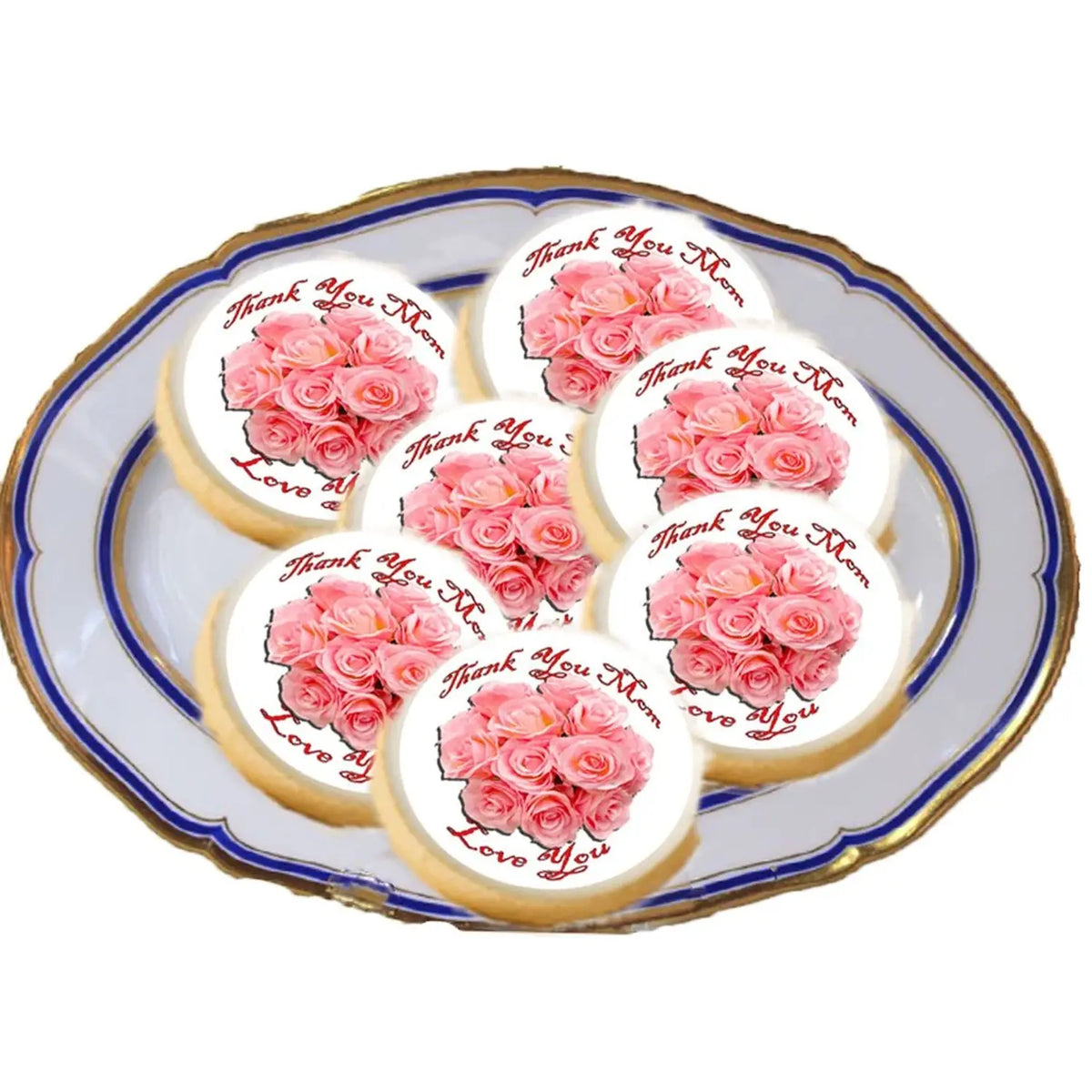 Mother's Day Peach Rose Bouquet Edible Cookie & Cupcake Toppers – 20 Precut on a plate of cookies.