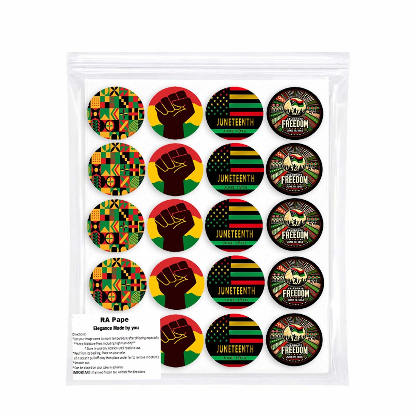 Packaged Custom Edible Cookie & Cupcake Topper Juneteenth Mixed Set 20 - 2” Precut Icing Sheet - RA Pape

