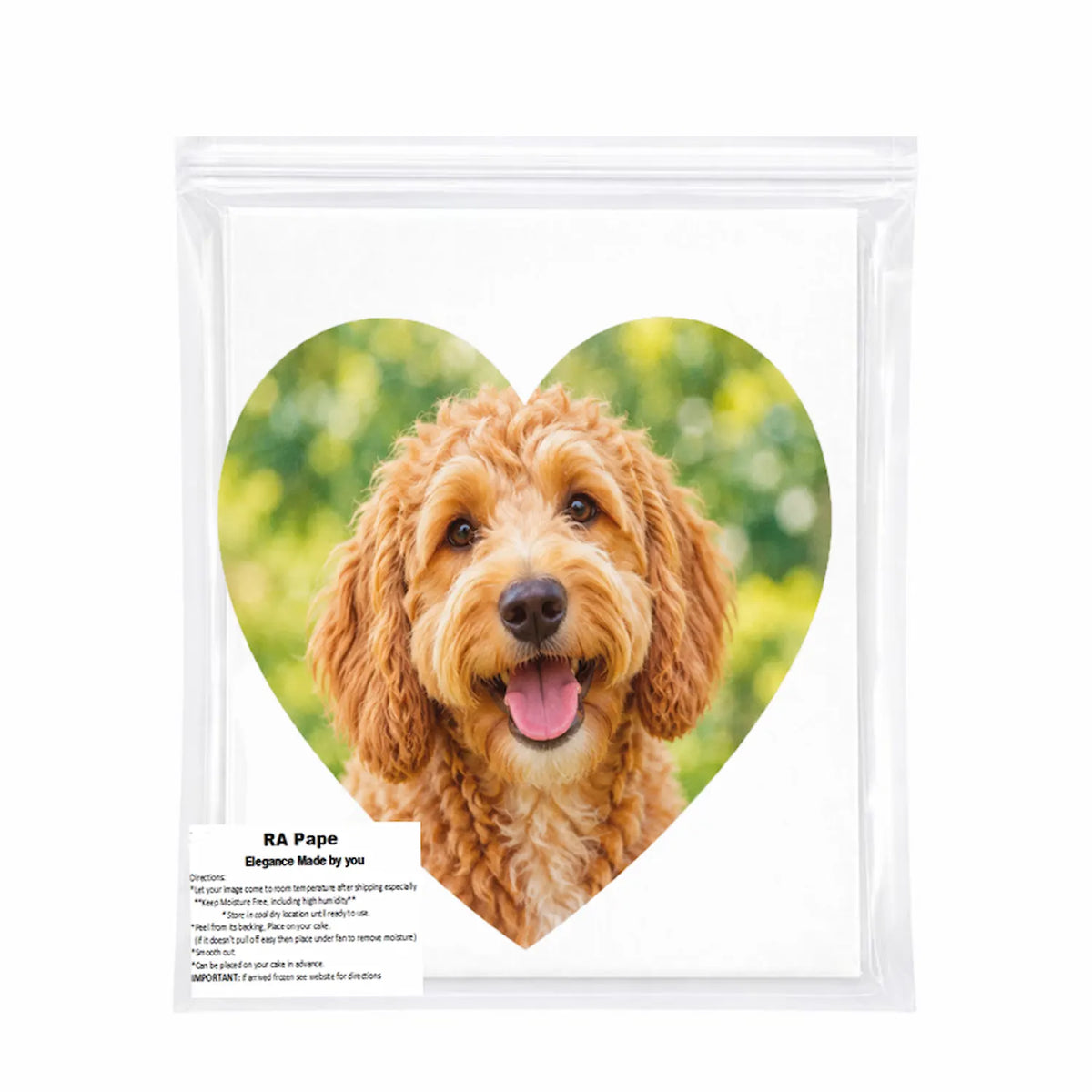 Precut heart edible image sheet outline showing clean peel-and-place cake topper layout