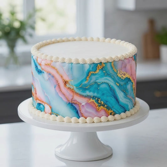 5-second preview showing a seamless Celestine Bloom edible cake wrap with blue, teal, and gold marble patterns applied to a cake.