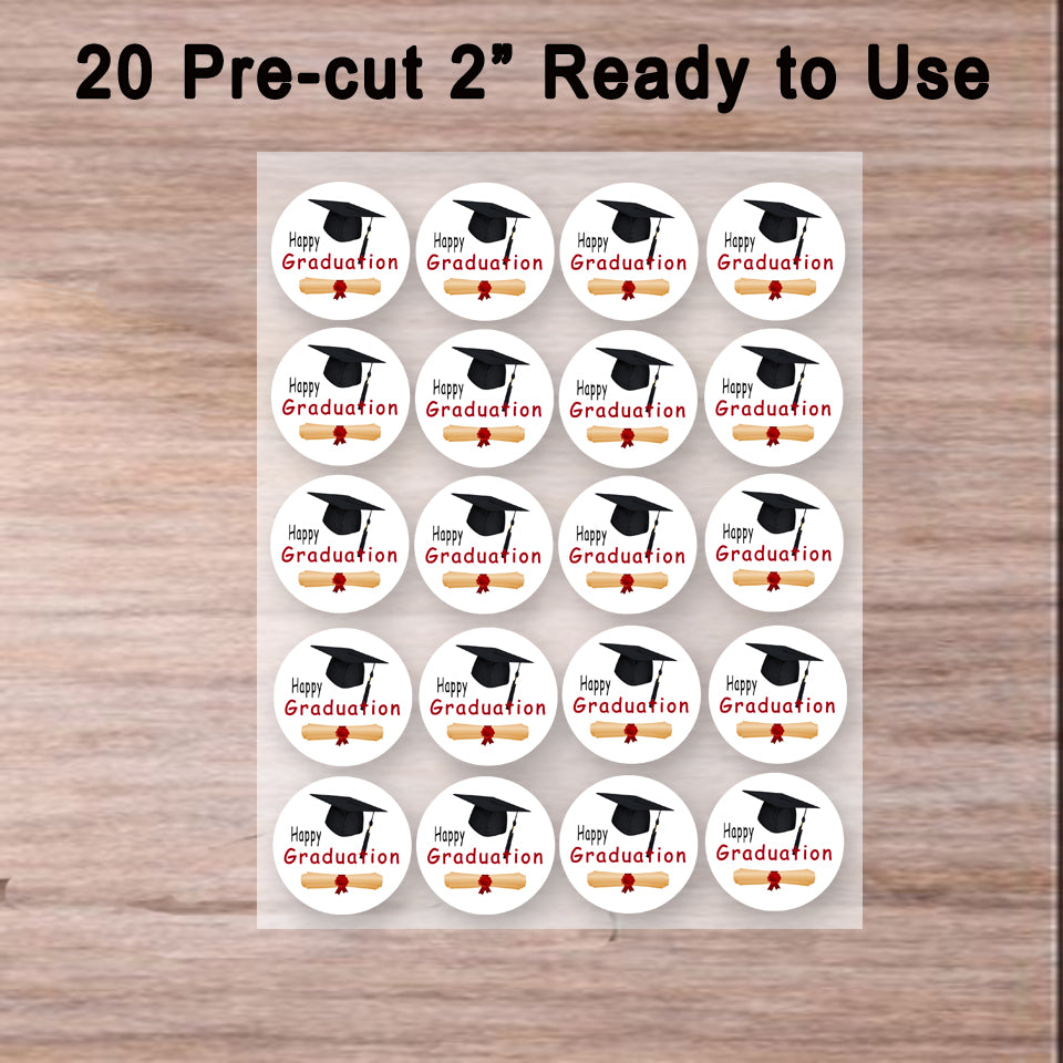 Ready to use Custom Edible Cookie & Cupcake Topper Graduation Cap and Scroll Design 20 - 2” Precut Icing Sheet - RA Pape