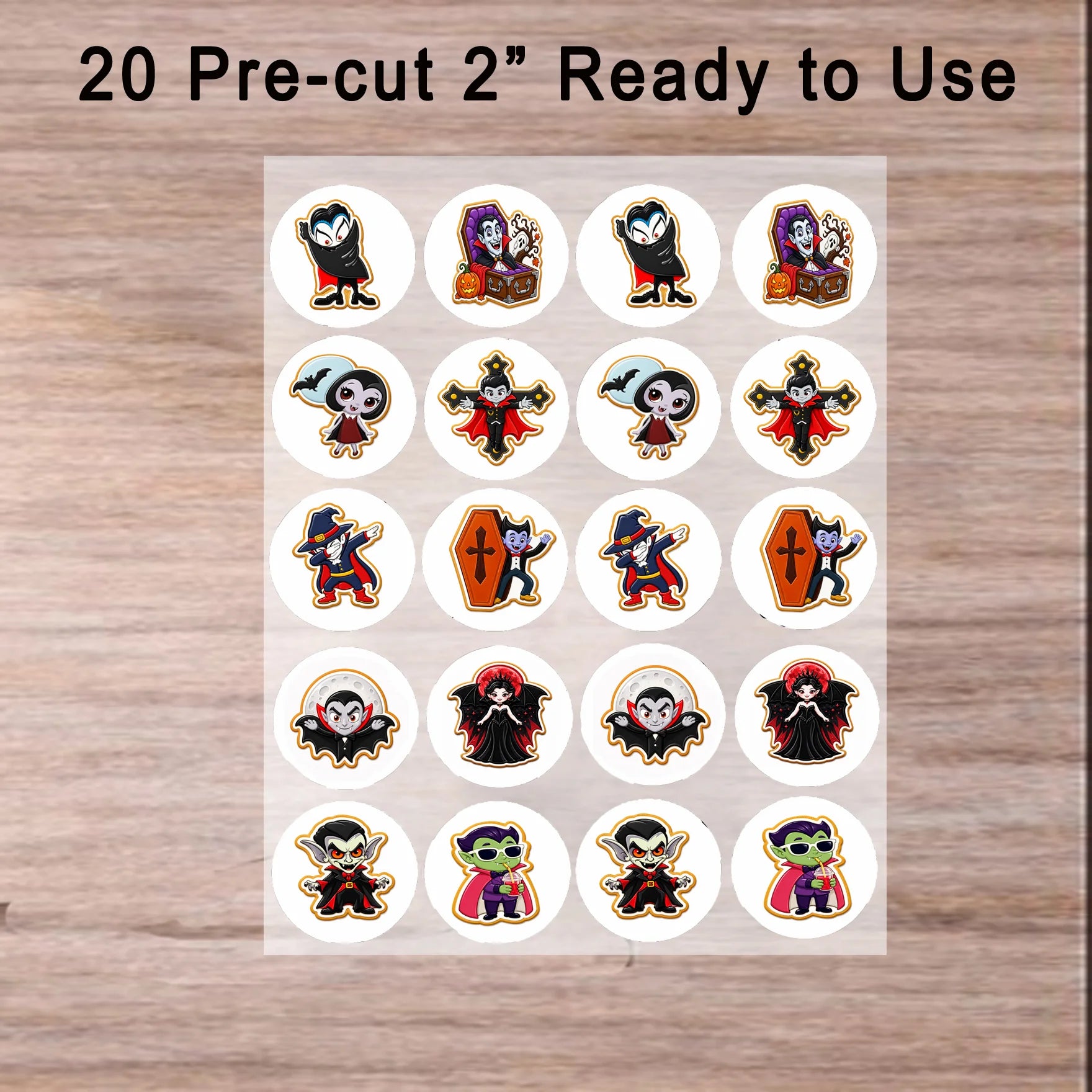 Ready to use Halloween Edible Image Cookie & Cupcake Topper Vampires Night Out-20- 2" Precut Icing Sheet- RA Pape no tools needed