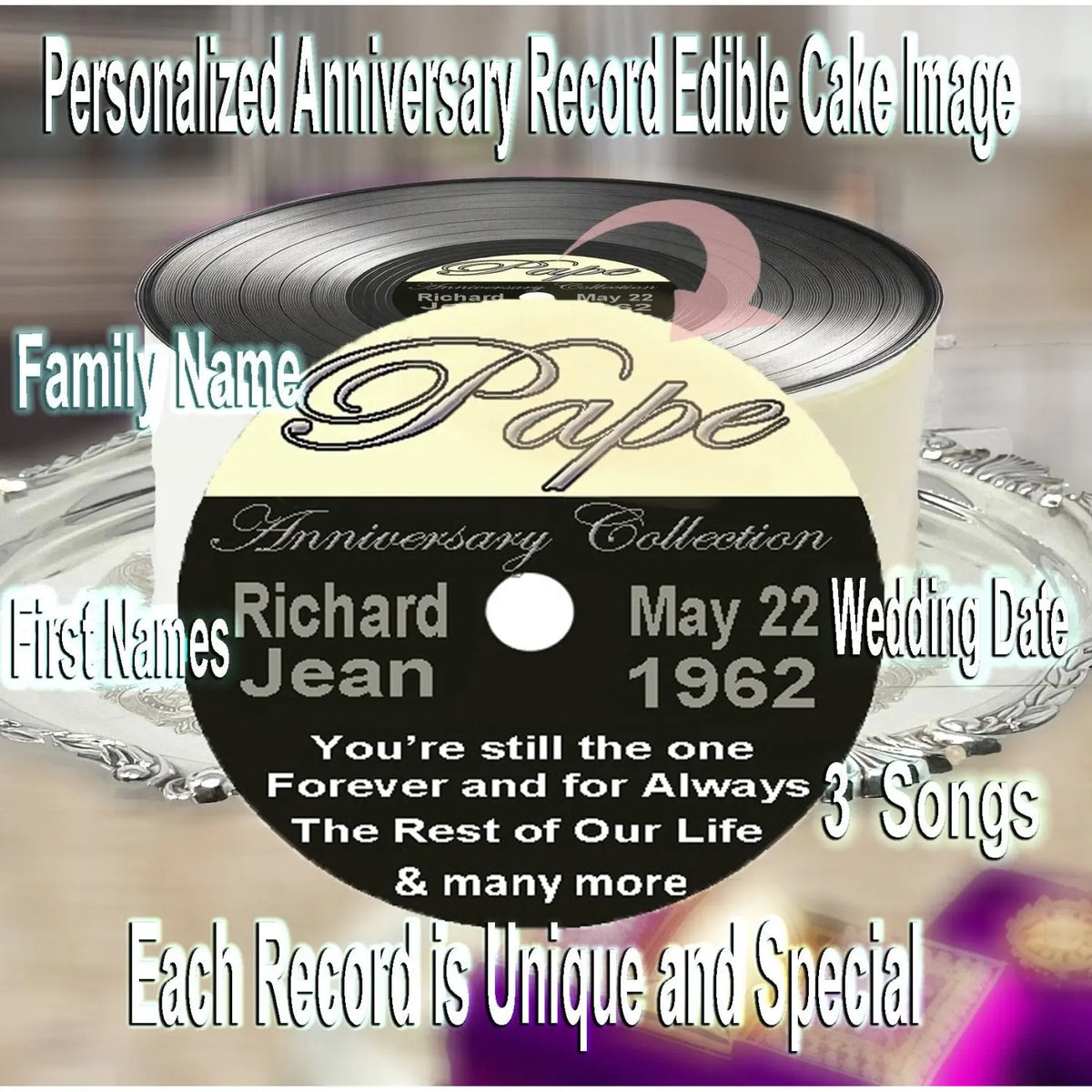 Personalized Vinyl Record Edible Icing Cake Topper – 8-Inch Round personalization details for a record design.