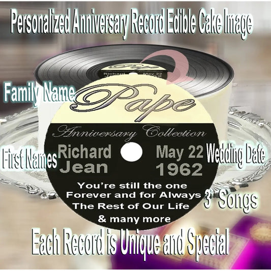Personalized Vinyl Record Edible Icing Cake Topper – 8-Inch Round personalization details for a record design.