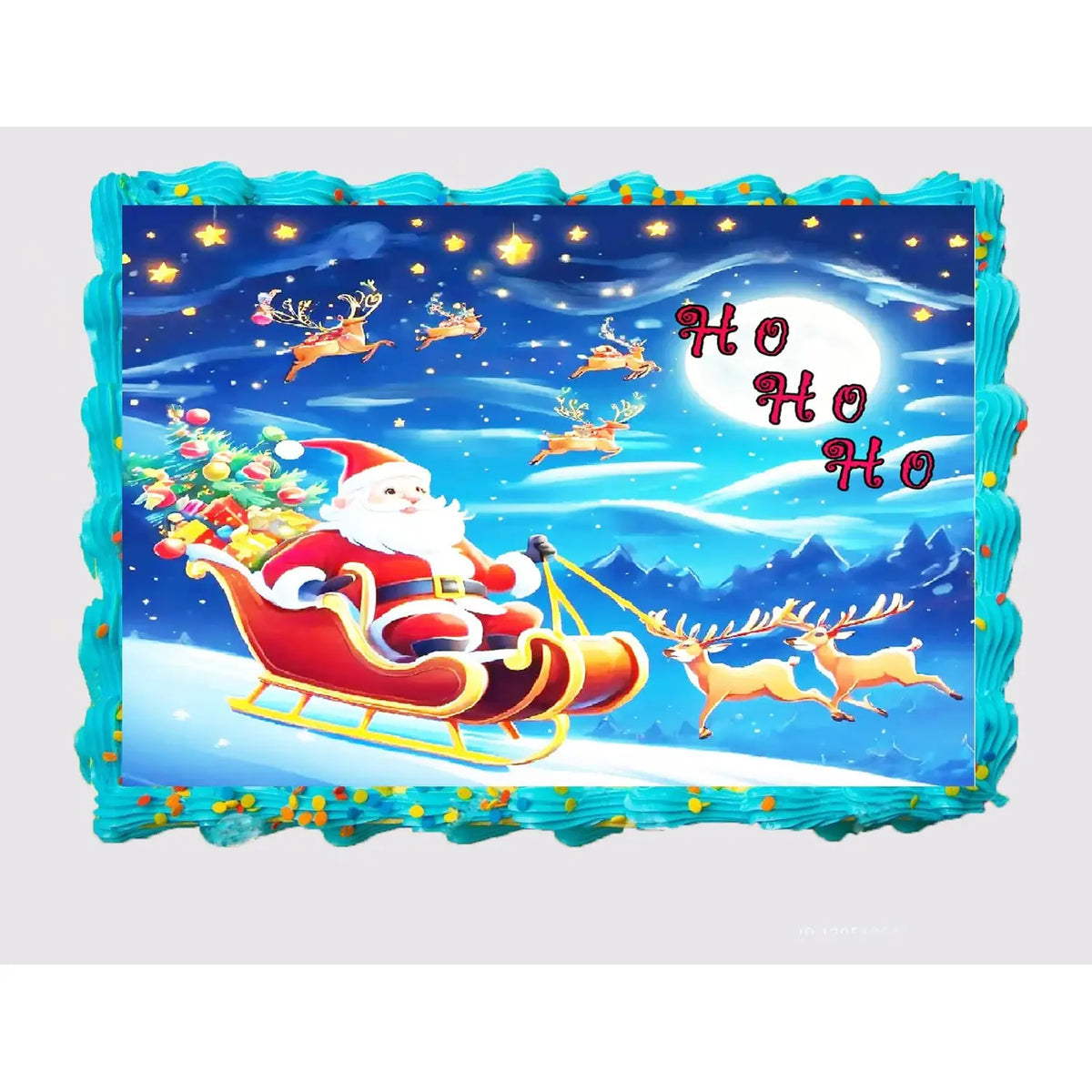 Santa's Sleigh Christmas edible icing sheet cake topper shown on a frosted sheet cake.