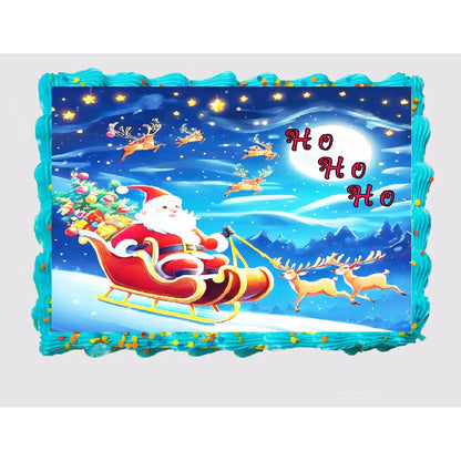 Santa's Sleigh Christmas edible icing sheet cake topper shown on a frosted sheet cake.