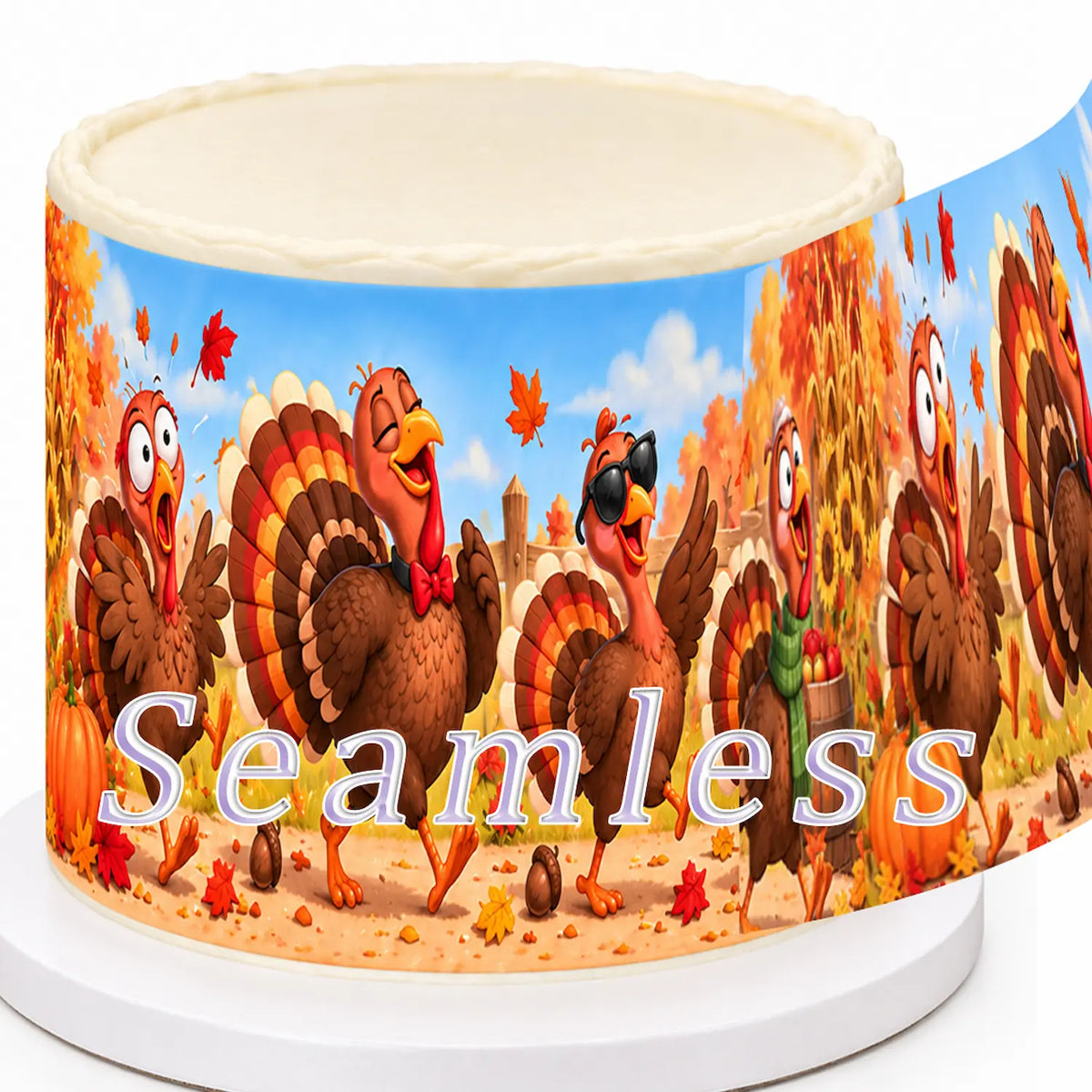 Close-up detail showing the seamless pattern alignment of the turkey and fall harvest edible cake wrap.