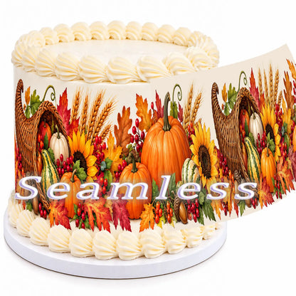Diagram demonstrating the continuous seamless pattern of the autumn harvest edible icing image cake wrap.