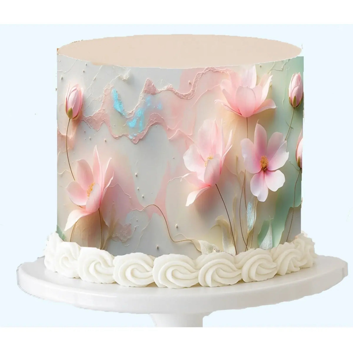 Petal Pastels floral seamless edible icing cake wrap displayed on a cake.