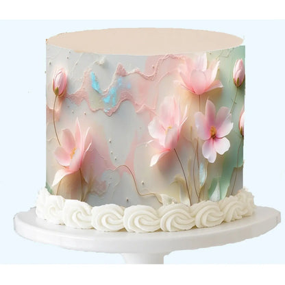 Petal Pastels floral seamless edible icing cake wrap displayed on a cake.