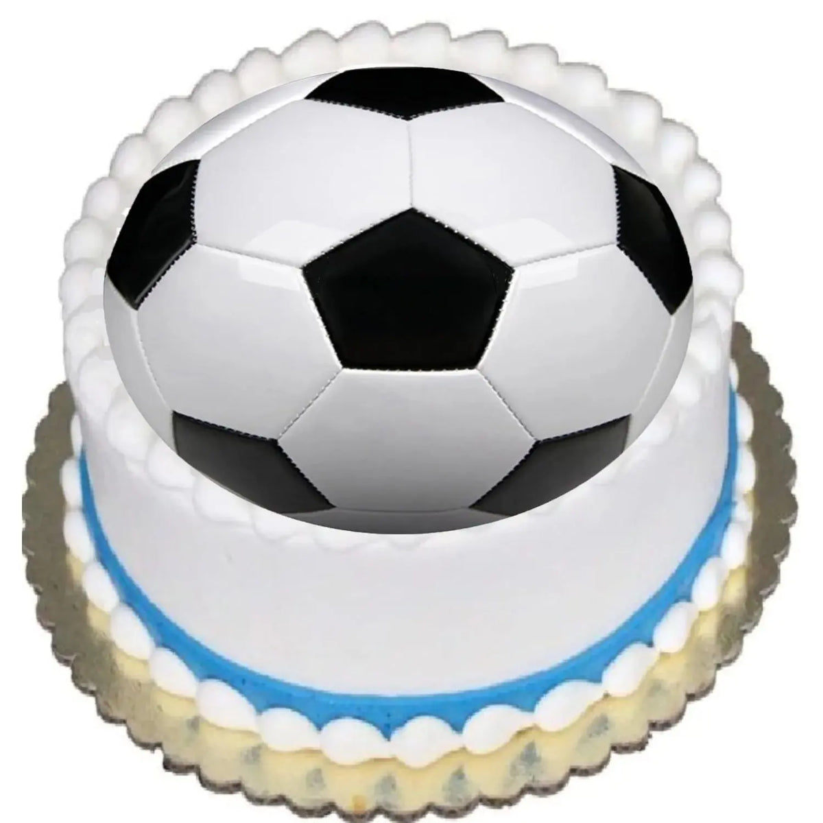 Soccer Ball Edible Icing Cake Topper, on a round cake with blue frosting.