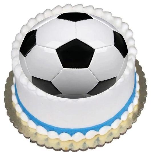 Soccer Ball Edible Icing Cake Topper, on a round cake with blue frosting.
