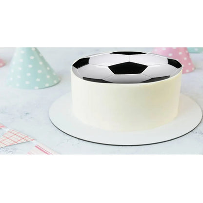 Soccer Ball Edible Icing Cake Topper, on a white frosted cake.