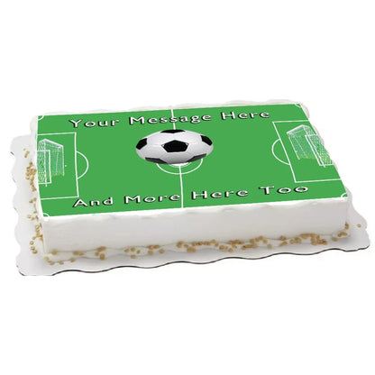 Soccer Field Edible Icing Sheet Cake Topper, on a white frosted sheet cake.