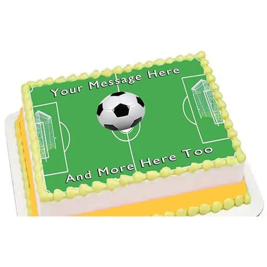 Soccer Field Edible Icing Sheet Cake Topper, on a yellow frosted sheet cake.