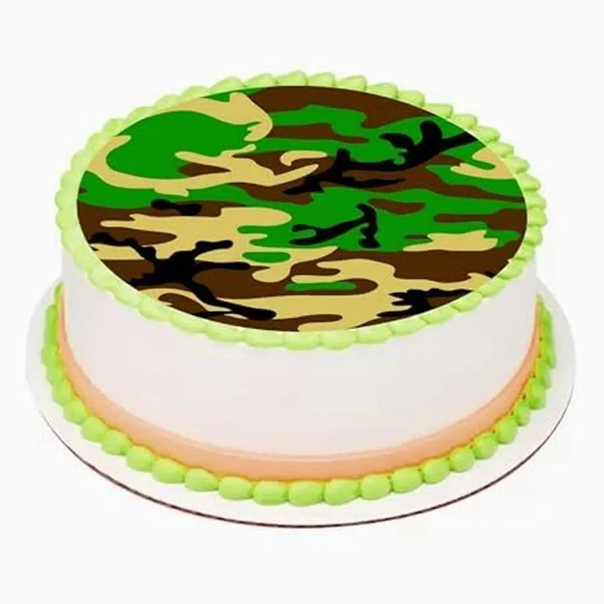 Soldiers Woodland Cameo Edible Icing Cake Topper – 8-Inch Round on a round cake.
