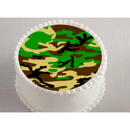Soldiers Woodland Cameo Edible Icing Cake Topper – 8-Inch Round on a round cake.