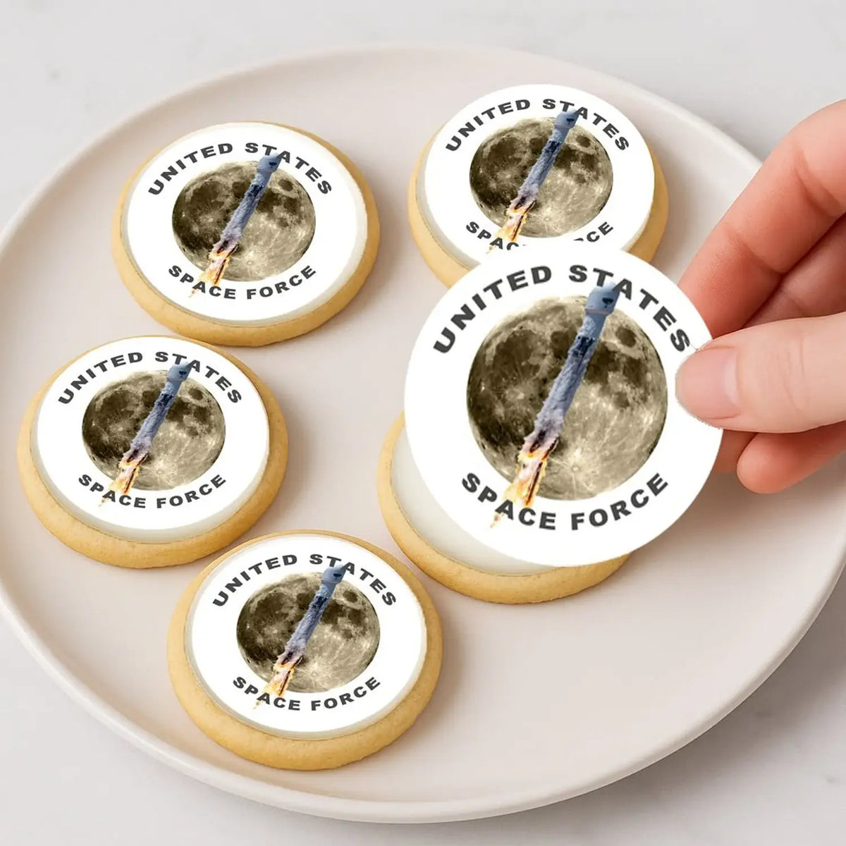 Space Force Rocket to the Moon Edible Cookie & Cupcake Toppers – 20 Precut on cookies.