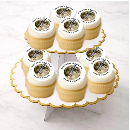 Space Force Rocket to the Moon Edible Cookie & Cupcake Toppers – 20 Precut on cupcakes.