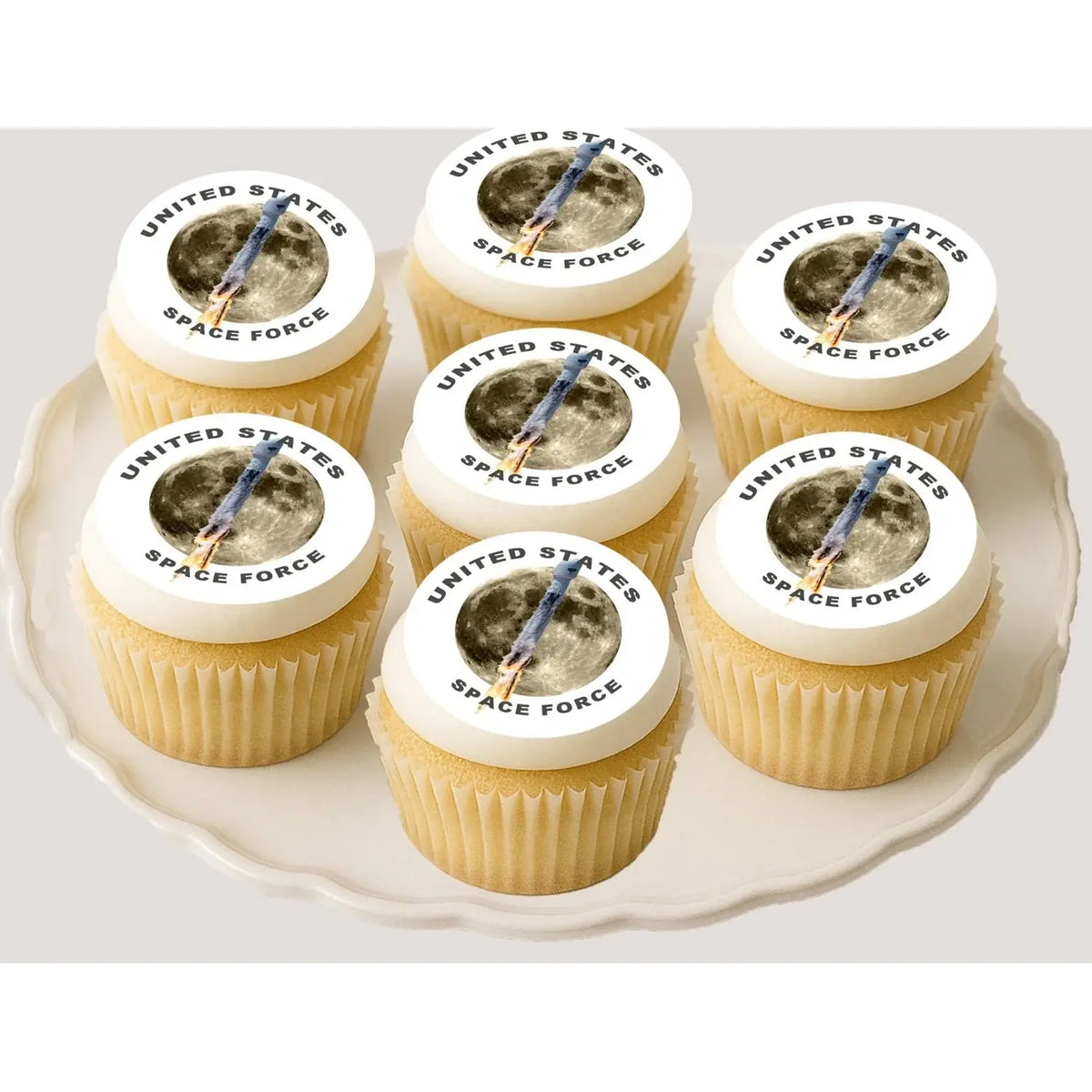 Space Force Rocket to the Moon Edible Cookie & Cupcake Toppers – 20 Precut on cupcakes.