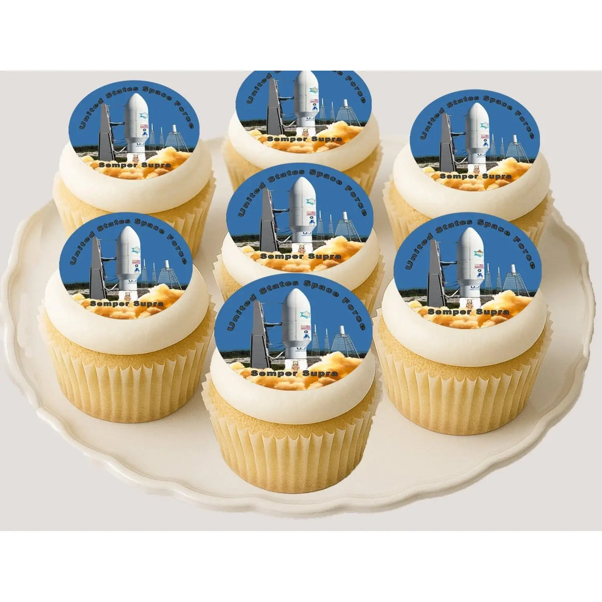 Space Force Semper Supra Edible Cookie & Cupcake Toppers – 20 Precut on cupcakes.