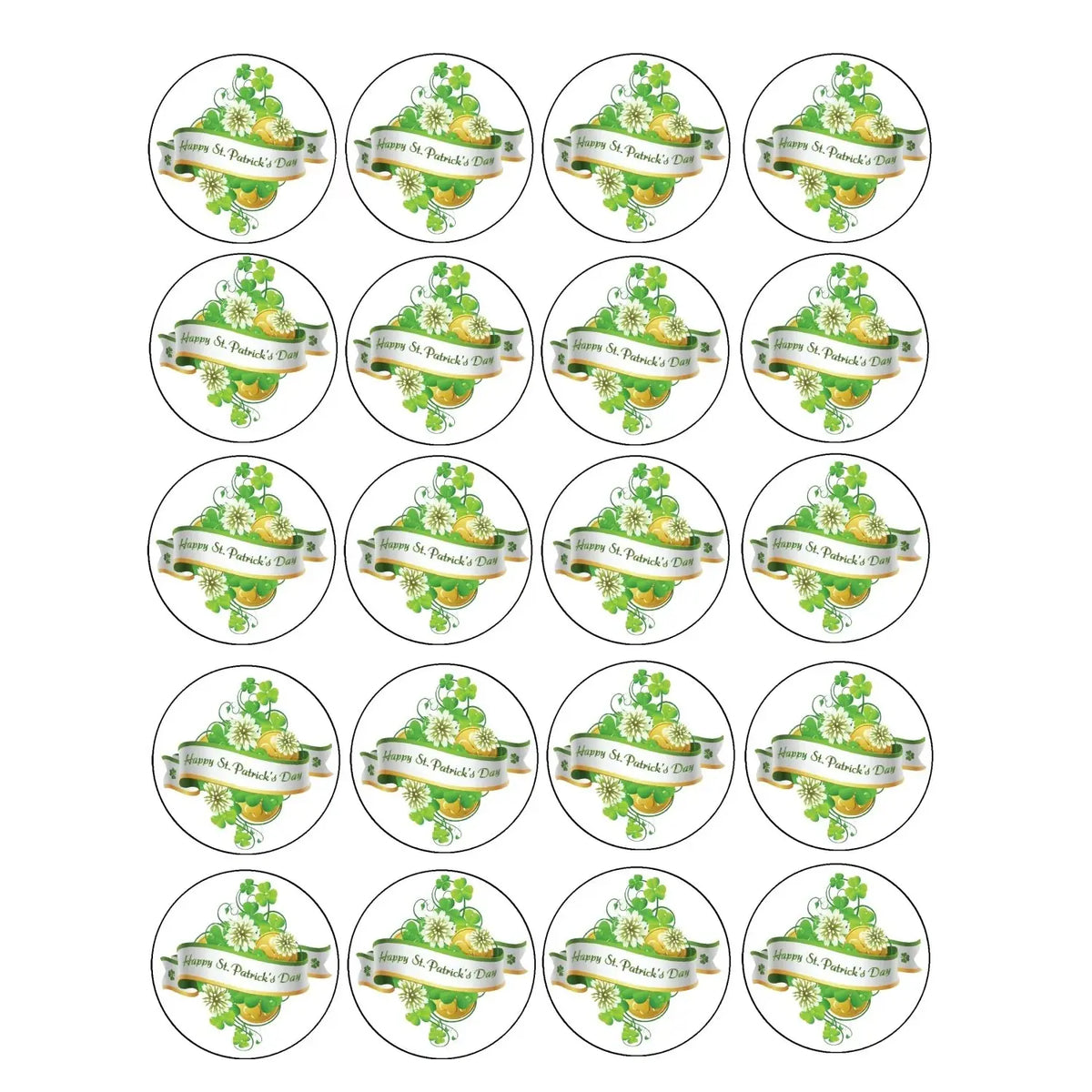 St. Patrick's Day edible icing cookie and cupcake toppers with St. Patrick's Day bouquet, sheet of 20 designs.