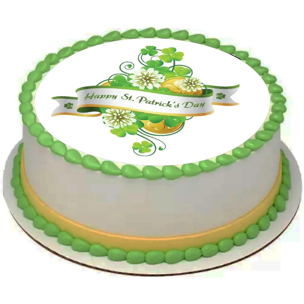 St. Patrick's Day edible icing cake topper with St. Patrick's Day floral bouquet, on a cake with green frosting.