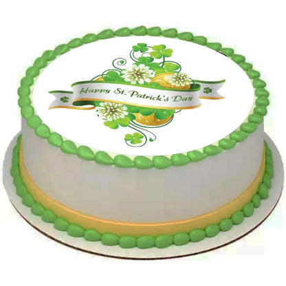 St. Patrick's Day edible icing cake topper with St. Patrick's Day floral bouquet, on a cake with green frosting.
