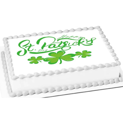 St. Patrick's Day edible icing cake topper with St. Patrick's Day shamrocks, on a white sheet cake.