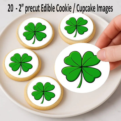 St. Patrick's Day edible icing cookie and cupcake toppers with four-leaf clover, on cookies.