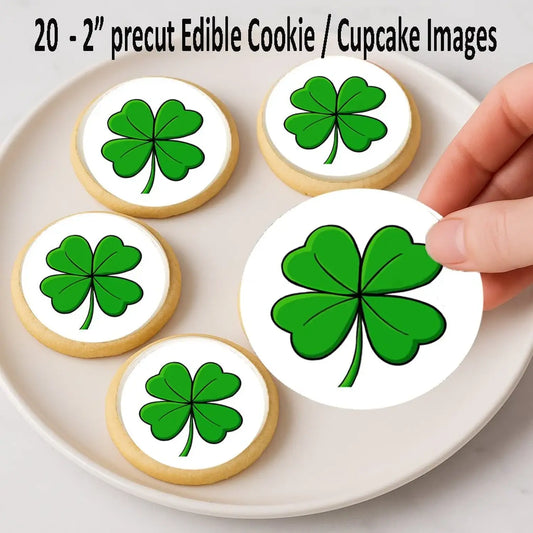 St. Patrick's Day edible icing cookie and cupcake toppers with four-leaf clover, on cookies.