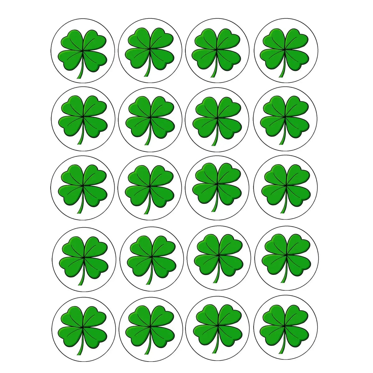 St. Patrick's Day edible icing cookie and cupcake toppers with four-leaf clover, sheet of 20 designs.