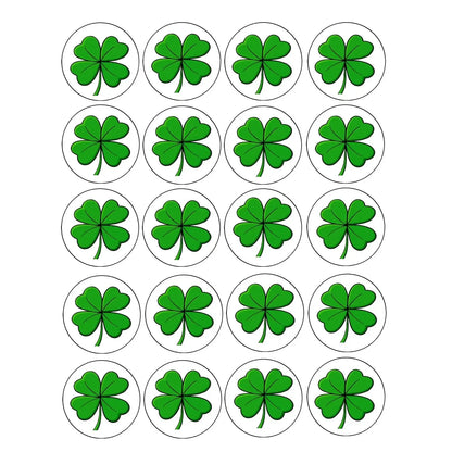 St. Patrick's Day edible icing cookie and cupcake toppers with four-leaf clover, sheet of 20 designs.