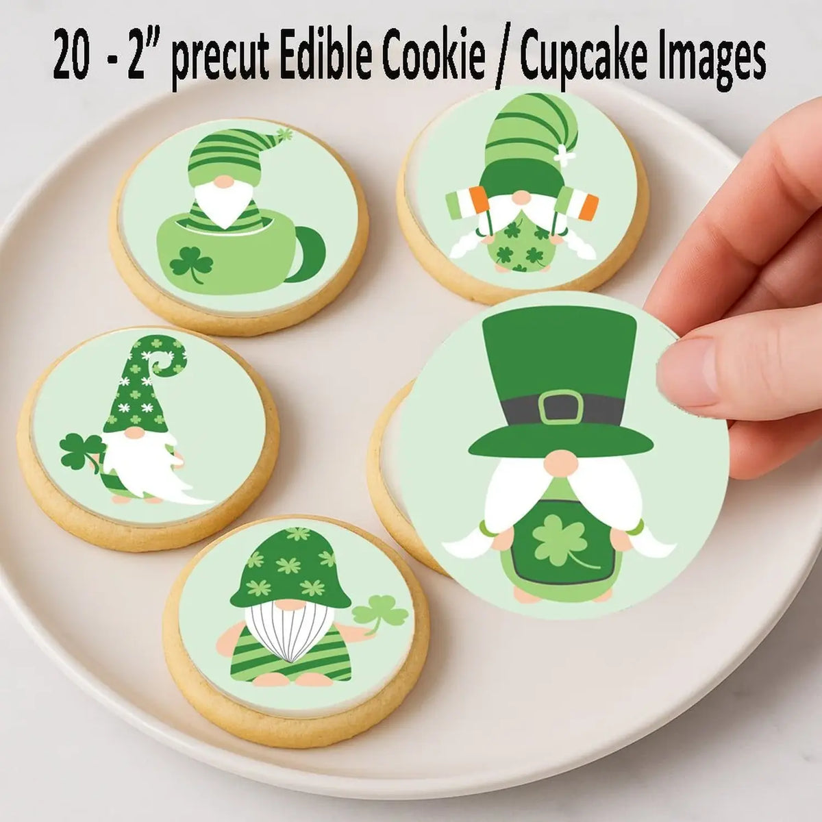 St. Patrick's Day edible icing cookie and cupcake toppers with St. Patrick's Day gnomes, on cookies.