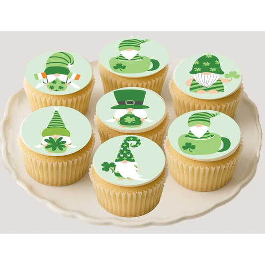 St. Patrick's Day edible icing cookie and cupcake toppers with St. Patrick's Day gnomes, on cupcakes.
