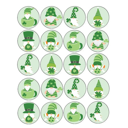 St. Patrick's Day edible icing cookie and cupcake toppers with St. Patrick's Day gnomes, sheet of 20 designs.