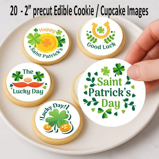 St. Patrick's Day edible icing cookie and cupcake toppers with Happy St. Paddy's Day, on cookies.