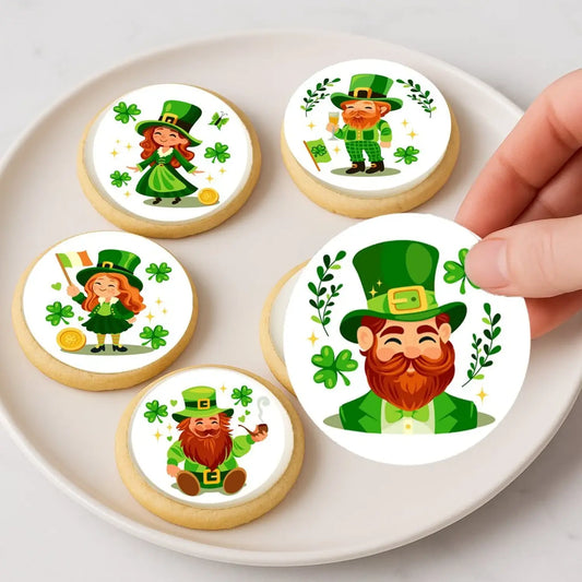 St. Patrick's Day edible icing cookie and cupcake toppers with Irish leprechauns, on cookies.