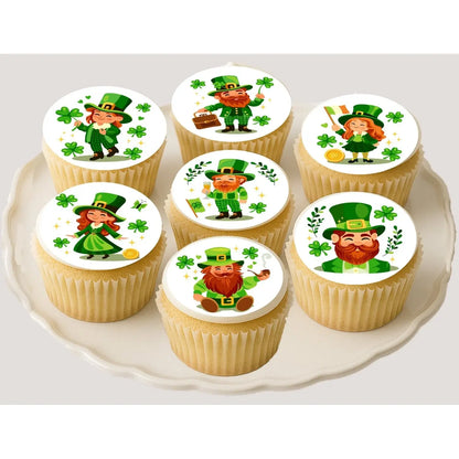 St. Patrick's Day edible icing cookie and cupcake toppers with Irish leprechauns, on cupcakes.