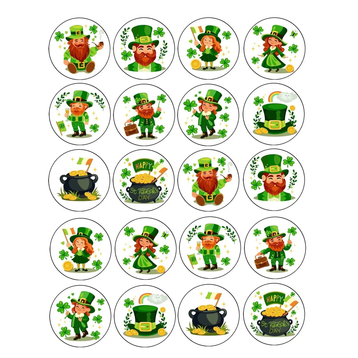 St. Patrick's Day edible icing cookie and cupcake toppers with Irish leprechauns, sheet of 20 designs.