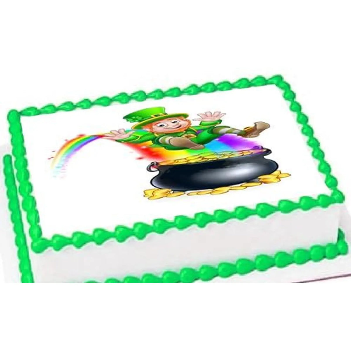 St. Patrick's Day edible icing cake topper with leprechaun and pot of gold, on a sheet cake with green frosting.